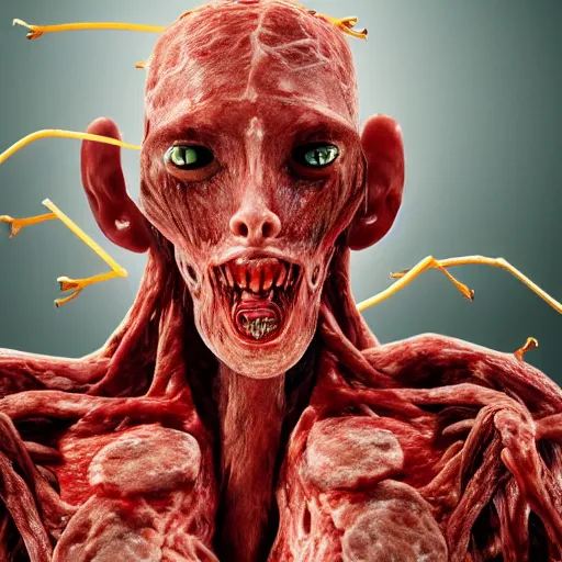 Prompt: A strange humanoid invader from another meat world stands in a modern room. Spikes, tumors, many eyes, veins, no skin. Bodyhorror style, without blurring, meat colors, extremely high detail, photorealism, 8k