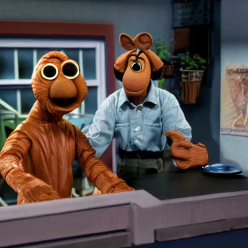 Image similar to ALF and E.T. on the set of Seinfeld, highly detailed, octane render