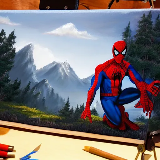 Image similar to a closeup photorealistic photograph of bob ross working on a canvas painting of spiderman. film still. brightly lit scene. mountains and trees. this 4 k hd image is trending on artstation, featured on behance, well - rendered, extra crisp, features intricate detail, epic composition and the style of unreal engine.