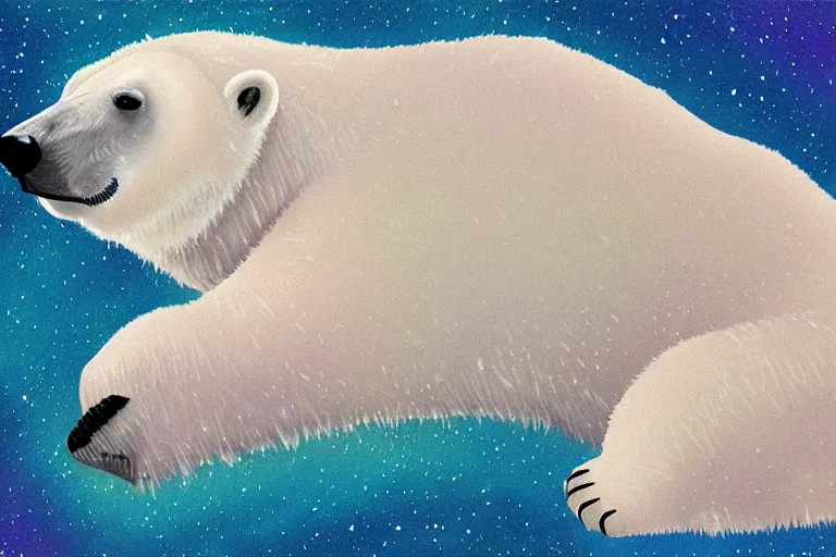 Image similar to a relaxed polar bear looking to the sky by lisa frank, digital art,