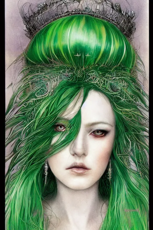 Image similar to beautiful symmetrical portrait of a woman with green hair, feathered silk dress, sparkling eyes, runny make up by luis royo and alan lee