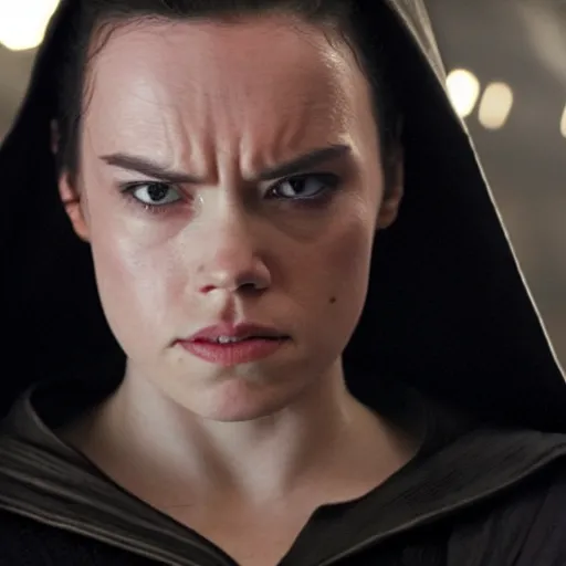 Image similar to movie still of daisy ridley as sith empress wearing a black satin robe and metal belt with dark eyeliner make - up as if she was crying, sweaty, detailed eyes, neutral expression, shallow depth of field, photorealistic, cinematic lighting, lovely bokeh, dark moody light, strong rim light, movie quality, star wars