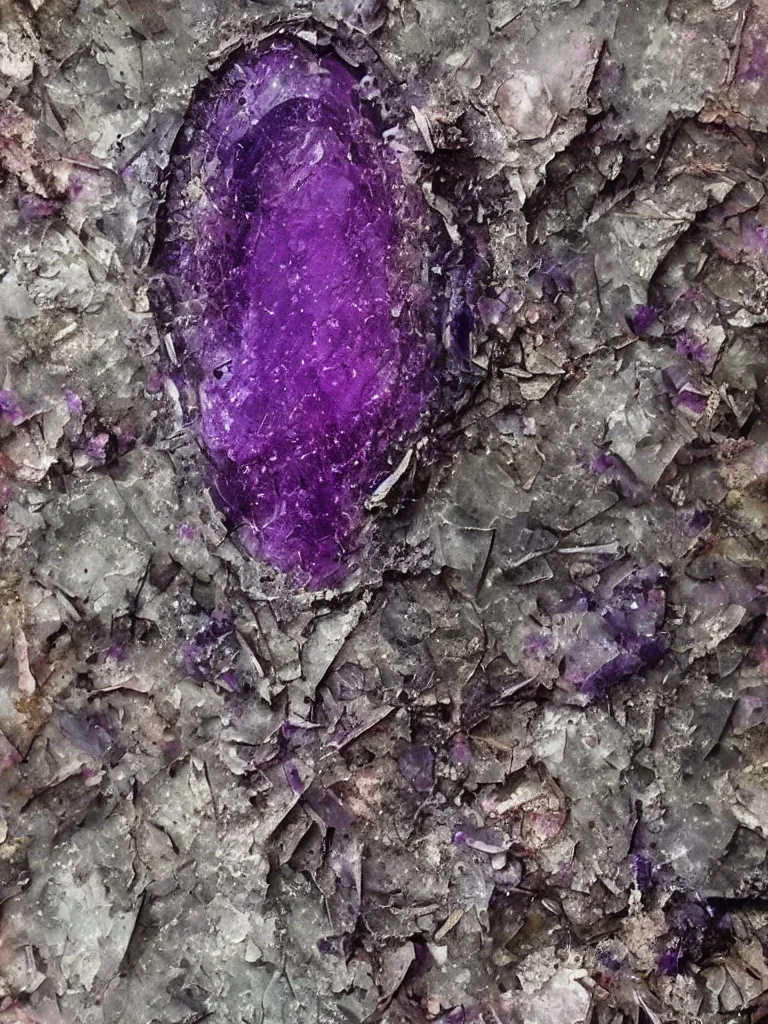 Image similar to big purple sapphire crystal gems embedded, worn decay texture, intricate concept art painting, fantasy, nature grotesque dark