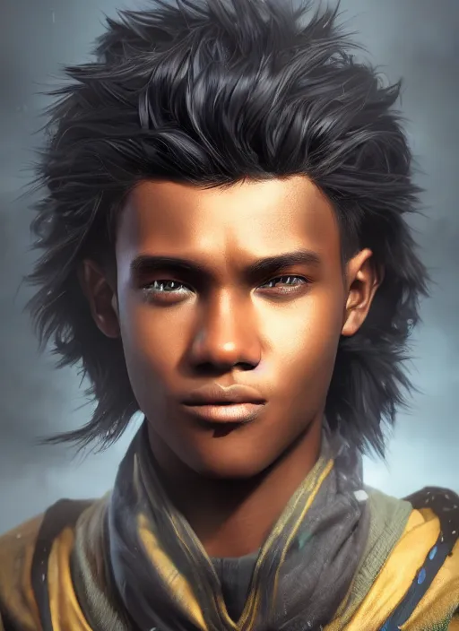 Prompt: An epic fantasy comic book style portrait painting of a dark skinned long haired boy with intelligent eyes, unreal 5, DAZ, hyperrealistic, octane render, cosplay, RPG portrait, dynamic lighting