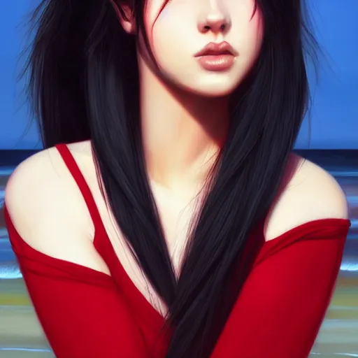 Image similar to woman with long dark black hair wearing red clothing standing by the beach, beautiful, 8k, highly detailed, realistic, artgerm, sakimichan, rutkowski, trending on artstation, perfect face, portrait, high contrast, golden light, dramatic lighting,