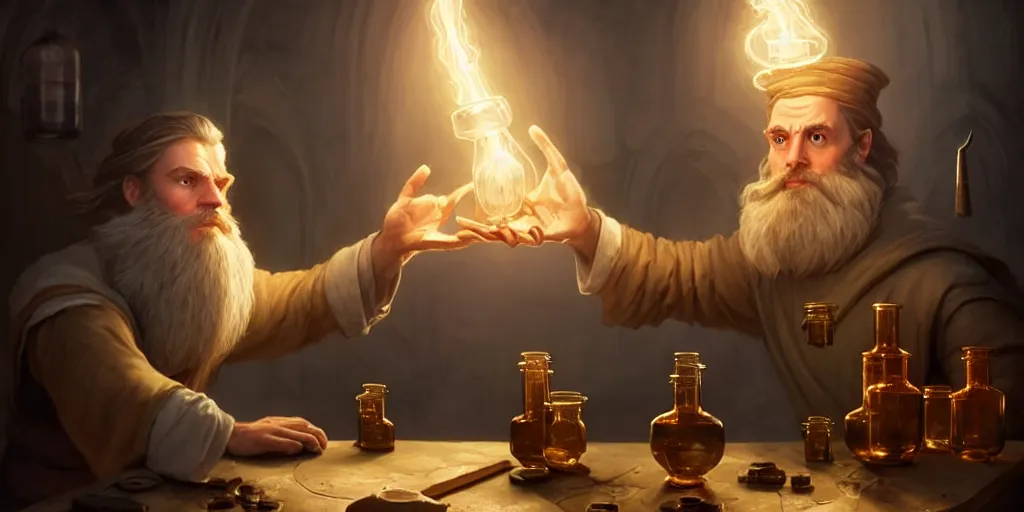 Prompt: a handsome bearded white male wizard with brown hair he is casting a spell emanating from his hands, he is in a alchemist workshop filled with beakers and equipment, neutral hand pose, sharp focus, waist up, 4 k, by greg rutkowski, rudy siswanto and anna podedworna