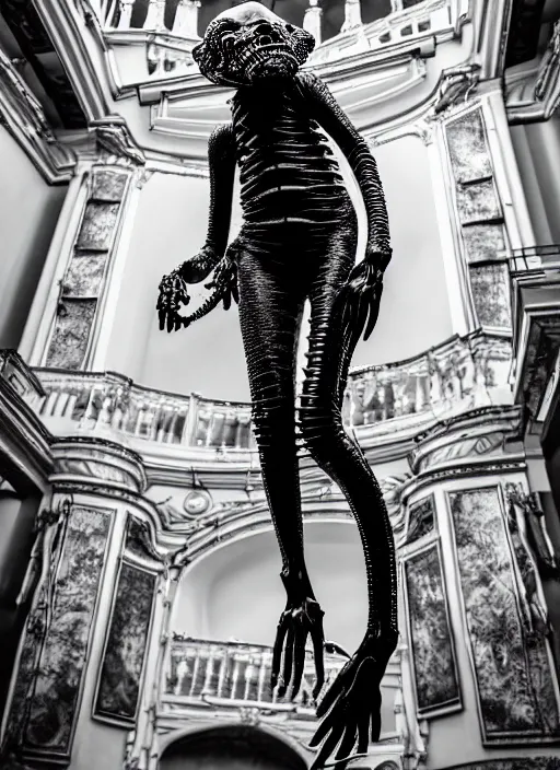 Image similar to walking down the catwalk, steven klein, h. r. giger, show, stage, vogue photo, podium, fashion show photo, historical baroque dress, iris van herpen, beautiful woman, full body shot, masterpiece, inflatable shapes, alien, predator, guyver, jellyfish, white biomechanical details, highly detailed