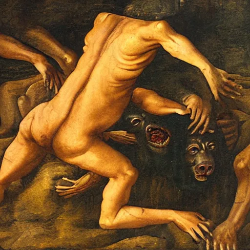 Image similar to demonic bear crawling out of the pits of hell, renaissance painting