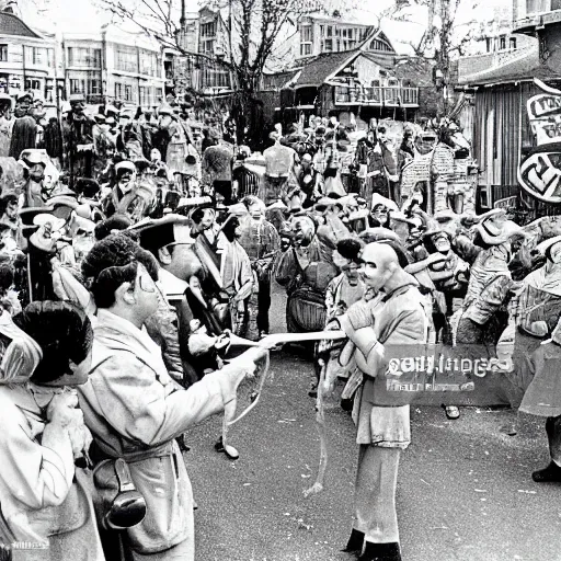 Prompt: a communist revolution in Candy Land, 1960s historical photo