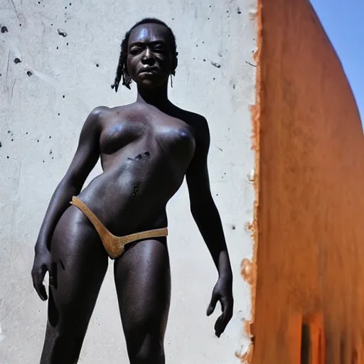 Prompt: beautiful African female cyborg with ultra realistic body sculpted by Richard Serra in Venus