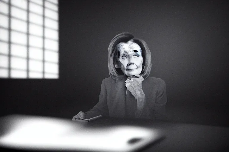 Image similar to Nancy Pelosi hiding in the shadows in a dark corner trading stocks on a laptop, face lit up by screen, very high detail, cinematic, volumetric lighting, artstation, 8k, dark, hyperrealistic