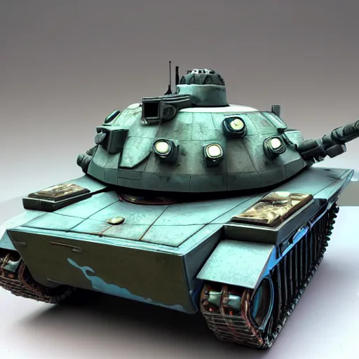 Image similar to a futuristic battletank with blue camouflage paint, double barreled main gun, heavy machinegun on top, science fiction, coherent, studio lighting, simon stalenhag, detailed painted games workshop miniature