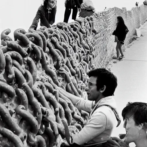 Prompt: refugees climbing over the great wall of mac n' cheese. 1980s sci-fi film. n- 9