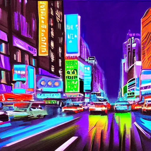 Prompt: digital painting of new york city, street view, night, glow of neon lights.