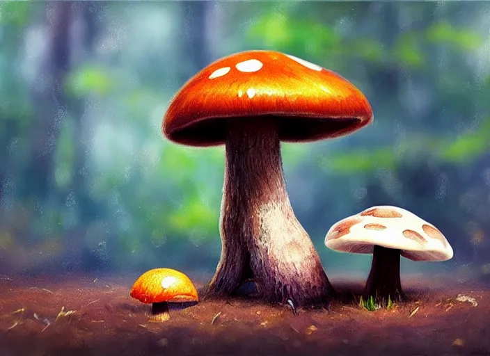 Prompt: a cute creature sitting next to a mushroom, realistic, very detailed, complex, intricate, studio lighting, superres sharpening, bokeh, sigma 5 0 mm f 1. 4, impressionist painting, digital painting, artstation, simon stalenha