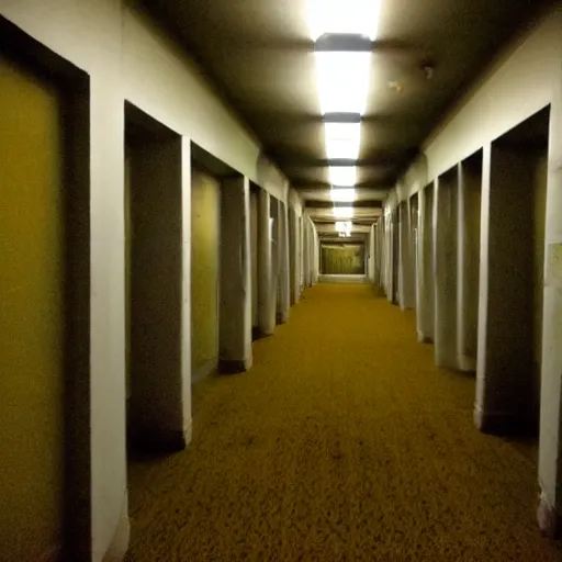 Image similar to flash low quality photograph of the backrooms, mustard - yellow old moldy moist carpet room, empty liminal space, very dark shadows, broken fluorescent lighting, horror movie scene, film grain