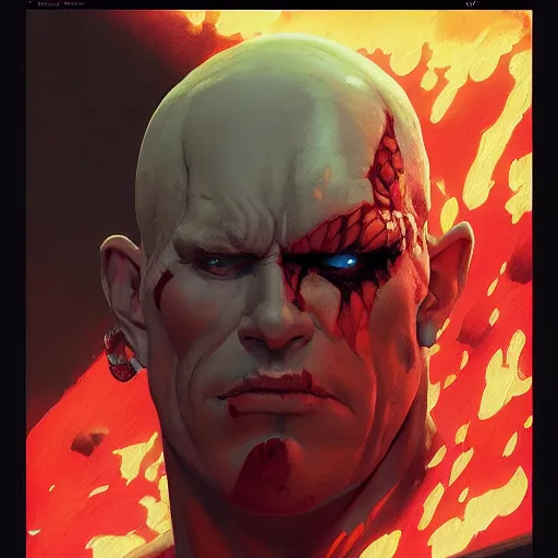 Image similar to 4k headshot portrait of Spawn from Macfarlane comics by Craig Mullins, ilya kuvshinov, krenz cushart, epic , artgerm trending on artstation by Edward Hopper and Dan Mumford and WLOP and Rutkovsky, beksinski carl spitzweg moebius and tuomas kocar, intricate artwork by caravaggio, Unreal Engine 5, Lumen, Nanite , 4K headshot of godlike clown with defined arms and open hands and bloody clothes with giant mandala wings , intricate face , flawless anime cel animation by Kentaro Miura, psychedelic , highly detailed upper body , professionally post-processed , beautiful, scary, symmetry accurate features, epic, octane rendered, anime masterpiece, accurate