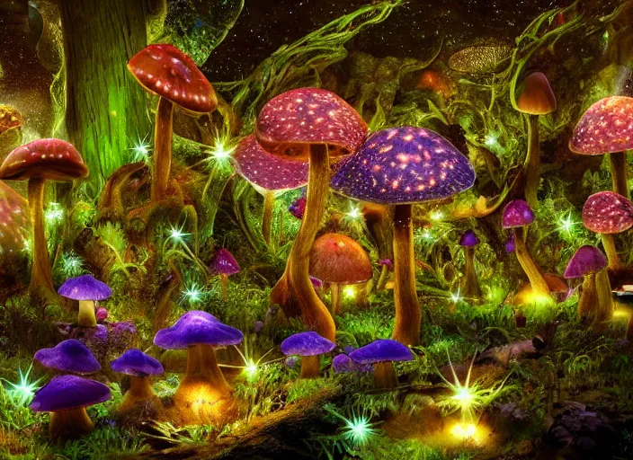 Image similar to glowing delicate flower and mushrooms that grow in a dark fatansy forest on the planet Pandora,