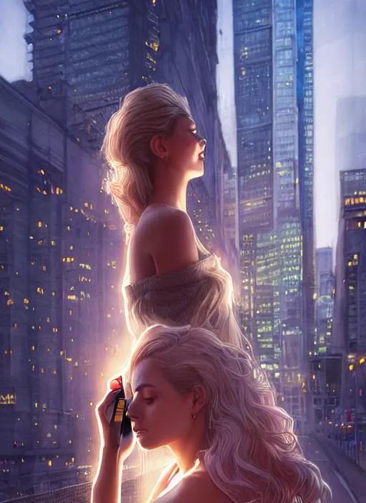 Image similar to a beautiful woman stands at a bus stop in the early morning, calls on the phone, around the city, the road, sharp focus, 8 k high definition, insanely detailed, intricate, elegant, art by stanley lau and artgerm, floating embers