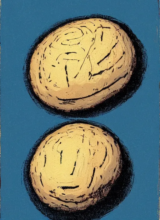 Image similar to an extreme close - up portrait of a spherical bread with face on it on a path in forest, by billy childish, thick visible brush strokes, shadowy landscape painting in the background by beal gifford, vintage postcard illustration, minimalist cover art by mitchell hooks