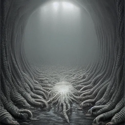 Image similar to deep ones emerging from Marina Bay in Singapore, by H.R Giger, H.P. Lovecraft and Zdzisław Beksiński, digital art trending on artstation