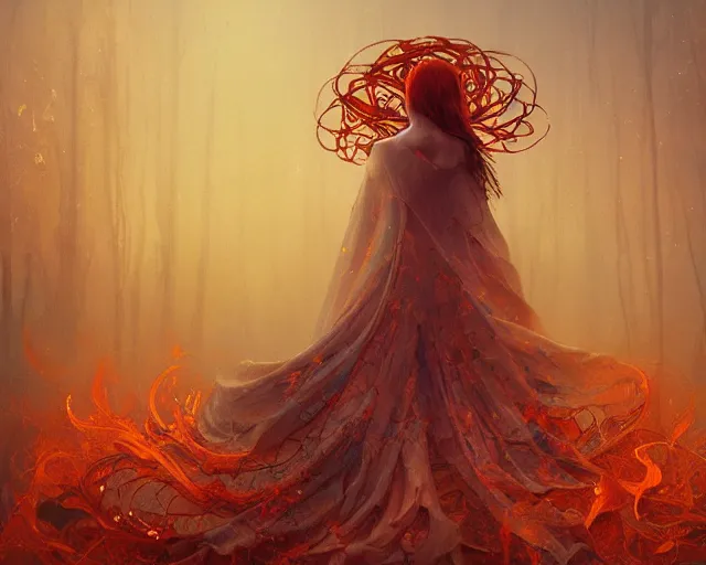 Prompt: ocean of canvas that catches fire, magical, concept art, art nouveau, inspired by Reylia Slaby, Peter Gric, trending on artstation, volumetric lighting, intricate, ornate, CGsociety