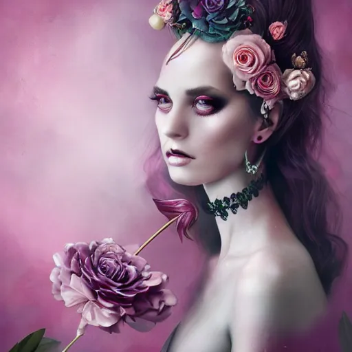 Image similar to of a woman, surreal Portrait inspired by Natalie Shau, Anna dittmann,flowers with horns, jewellery,cinematic