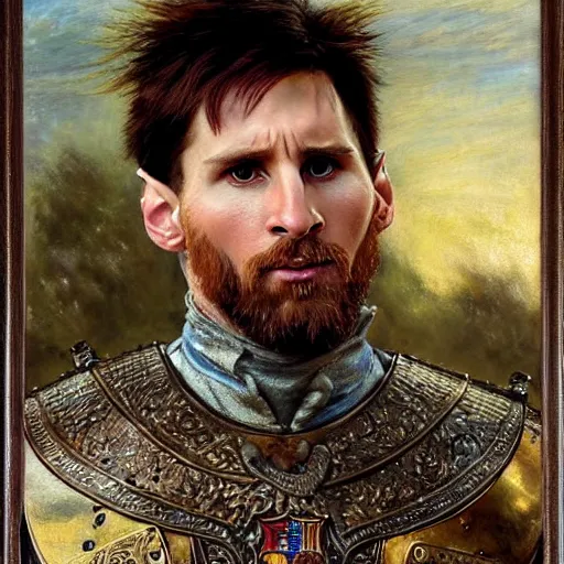 Image similar to attractive lionel messi as attractive king arthur pendragon, natural lighting, high quality, very detailed painting, by gaston bussiere, donato giancola, j. c. leyendecker