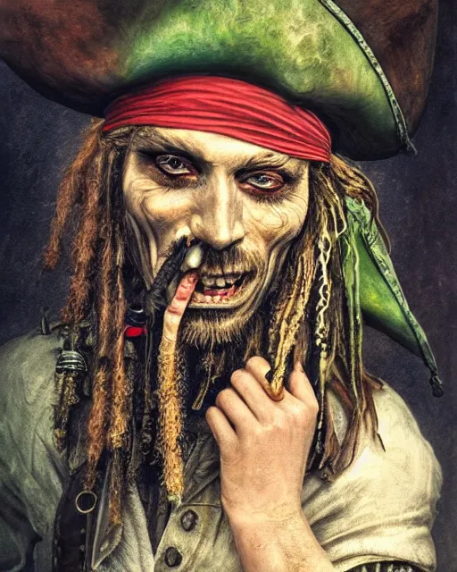 Prompt: an intimate portrait of a gnarly pirate, old skin, faded hat, crooked teeth, green eyes, a look of menace, detailed matte fantasy painting