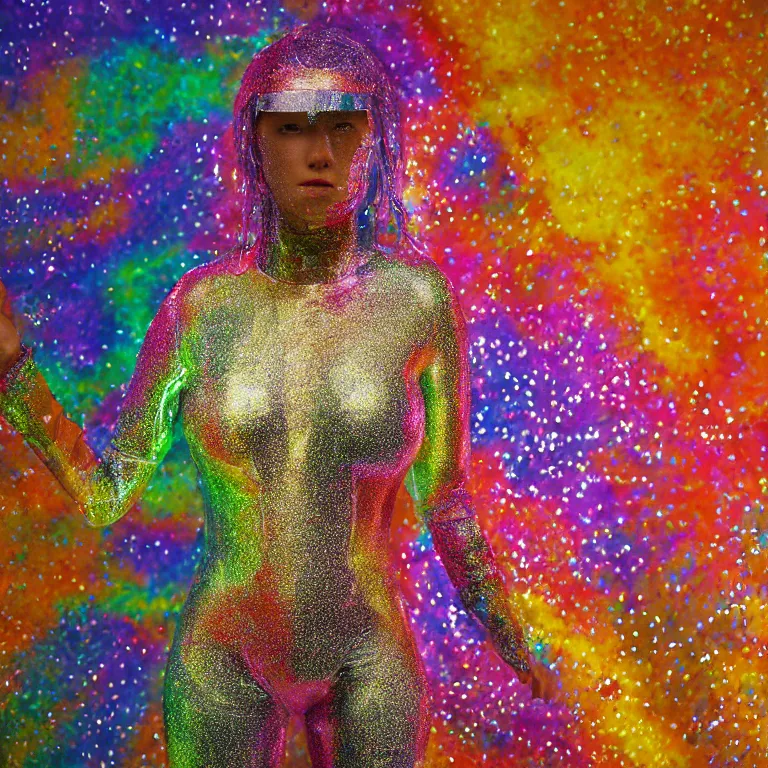 Image similar to octane render portrait by wayne barlow and carlo crivelli and glenn fabry, a woman wearing a clear plastic suit full of colorful thick fluid full of glitter, standing in front of a giant sheet of tie - dye aluminum foil, cinema 4 d, ray traced lighting, very short depth of field, bokeh