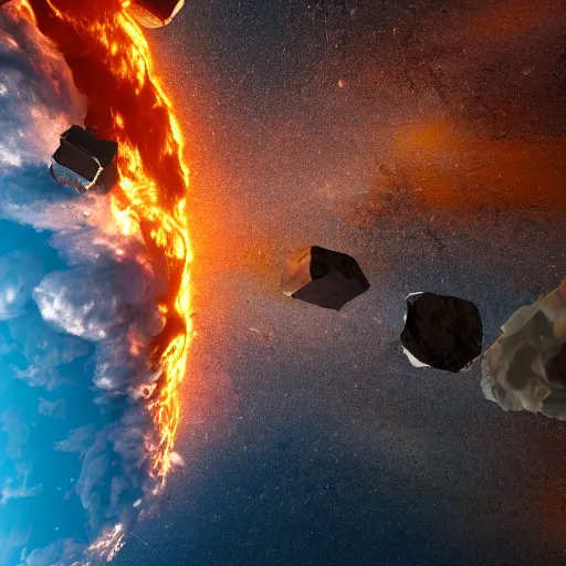 Image similar to satellite photo of a meteor hitting the planet earth, movie still, apocalyptic, cinematic, intense, detailed, space trash, epic light, 4 k, 8 k, by michel bay,