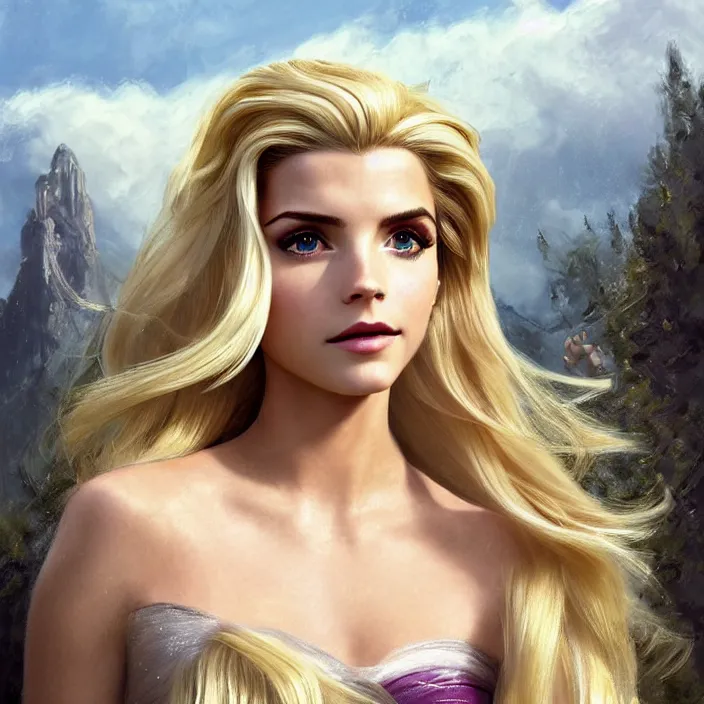 Image similar to portrait of a combination of Ashley Greene, Katheryn Winnick, Victoria Justice and Adriana Dxim, Grace Kelly, Emma Watson and Lily Collins with blonde hair as Elsa from Frozen, countryside, calm, fantasy character portrait, dynamic pose, above view, sunny day, thunder clouds in the sky, artwork by Jeremy Lipkin and Giuseppe Dangelico Pino and Michael Garmash and Rob Rey and Greg Manchess and Huang Guangjian, very coherent asymmetrical artwork, sharp edges, perfect face, simple form, 100mm