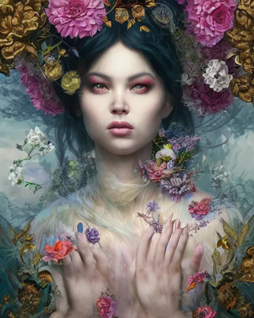 Prompt: portrait of the eurasian queen of the underworld, surrounded by flowers by karol bak, james jean, tom bagshaw, rococo, sharp focus, trending on artstation, cinematic lighting, hyper realism, octane render, 8 k, hyper detailed.