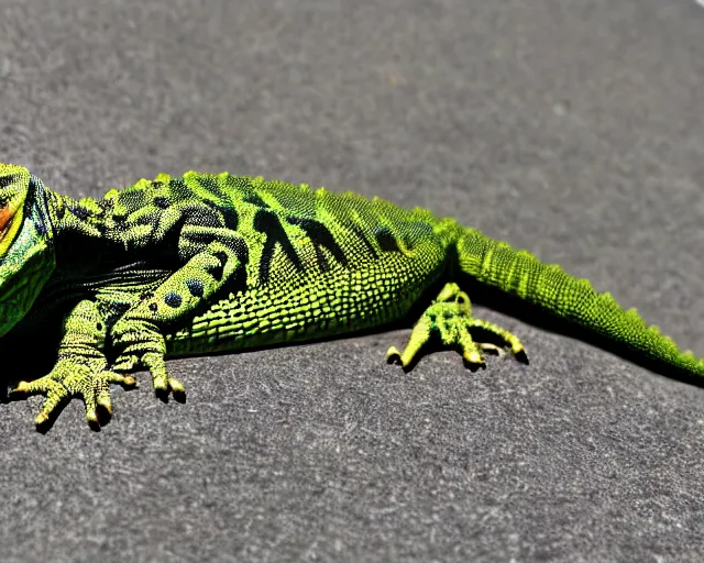 Prompt: humanoid lizard sunbathing, relaxed reptile basking in the sun, reptilian humanoid with a slight smile of contentment.