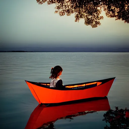 Image similar to a girl in a origami boat at dusk