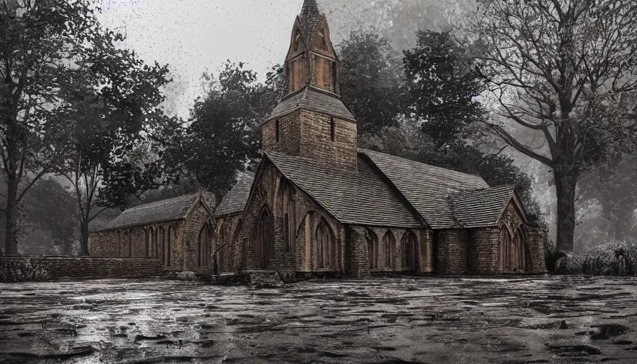 Image similar to church built in an english village, rainy day, rusty cross, muddy road, forest, grey sky, hyperdetailed, artstation, cgsociety, 8 k