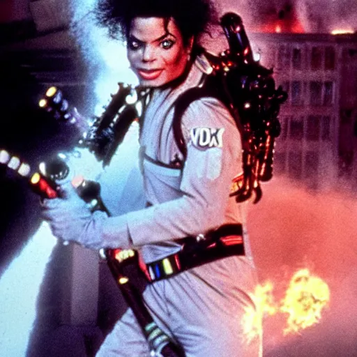 Image similar to stunning awe inspiring michael jackson with a highly detailed face as a ghostbuster in the movie ghostbusters, movie still 8 k hdr atmospheric lighting