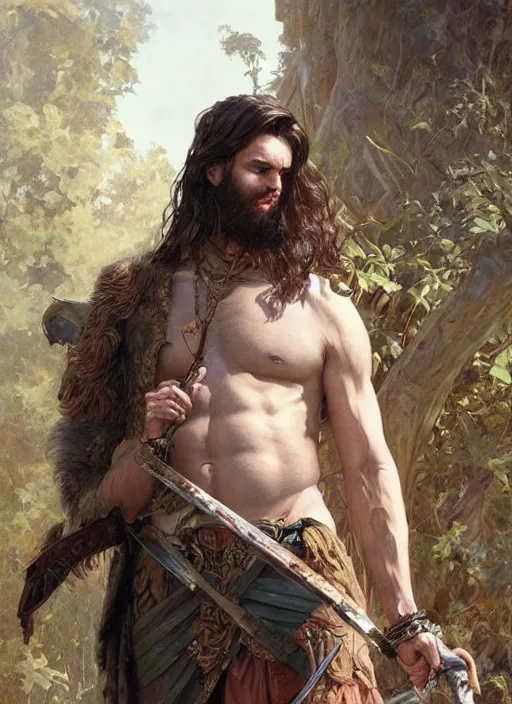 Prompt: realistic portrait painting of a male fantasy barbarian warrior, old mystic ruins, afternoon, intricate, elegant, highly detailed, digital painting, sharp, focus, by artgerm and alphonse mucha and greg rutkowski