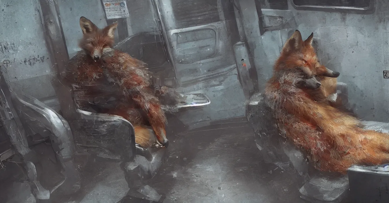 Image similar to A homeless, neglected fox in an old coat sits sleepy on a dirty seat in a old russian subway car,cyberpunk 2077, amazing digital art