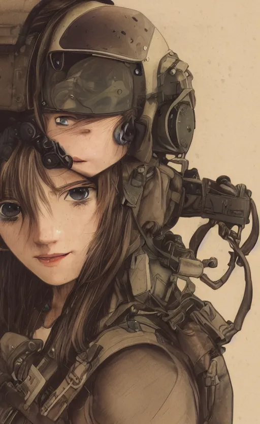 Image similar to a girl, fused aircraft parts, soldier clothing, combat helmet, anime style, long hair, hair down, symmetrical facial features, from tanya the evil, hyper realistic, 4 k, rule of thirds, extreme detail, detailed drawing, trending artstation, hd, d & d, realistic lighting, by alphonse mucha, greg rutkowski, sharp focus, backlit