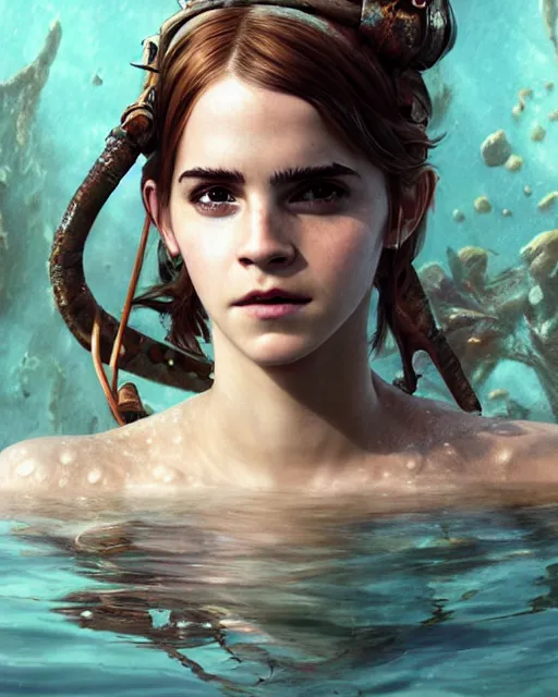 Prompt: underwater pirate portrait of emma watson, au naturel, hyper detailed, digital art, trending in artstation, cinematic lighting, studio quality, smooth render, unreal engine 5 rendered, octane rendered, art style by klimt and nixeu and ian sprigger and wlop and krenz cushart.