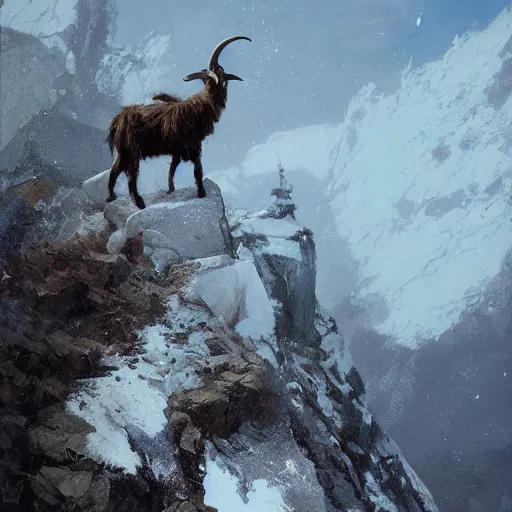 Image similar to a hiker man with a goat on top of a icy mountain, cinematic, painting by craig mullins