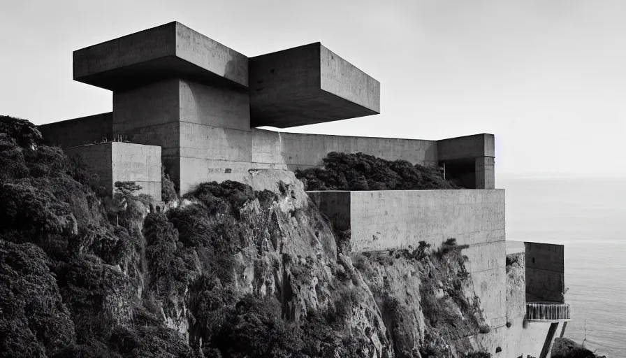 Image similar to big brutalist base perched on a cliff overlooking a magnificient bay, drawing architecture, pritzker architecture prize, greig fraser