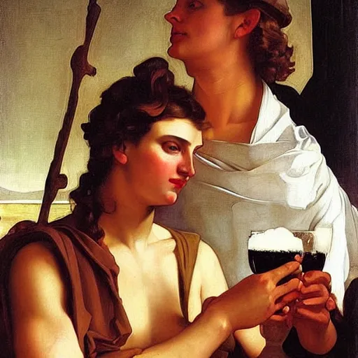 Image similar to biblical david and goliath are actually good friends and are having a pint together, by j. c. leyendecker, tamara de lempicka, bouguereau