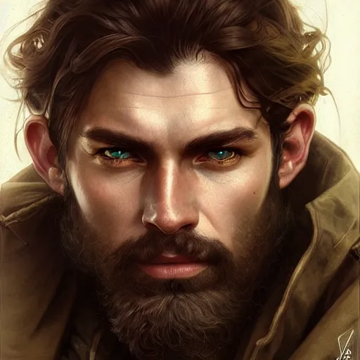 Prompt: Portrait of rugged male ranger, D&D, amber eyes, face, long hair, muscular, fantasy, intricate, elegant, highly detailed, digital painting, artstation, concept art, smooth, sharp focus, illustration, art by artgerm and greg rutkowski and alphonse mucha