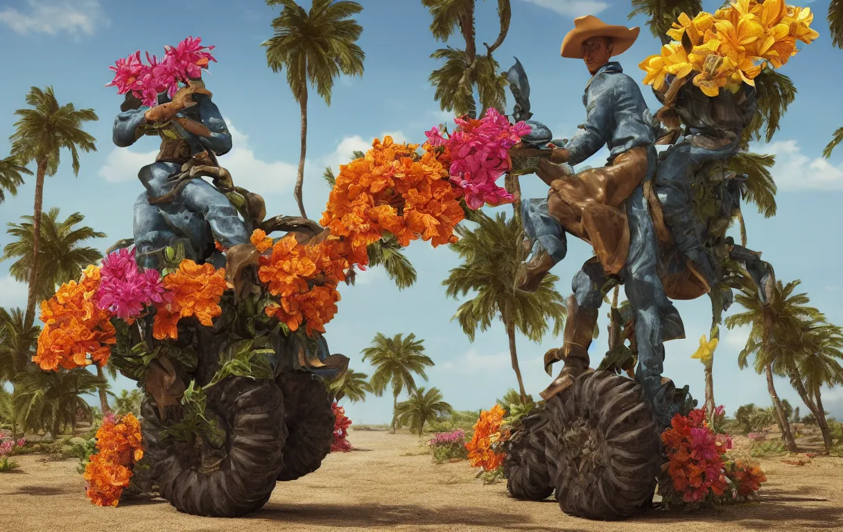 Image similar to a cowboy turning into blooms. tropical sea slugs, tractor tires. complementary colors. national geographic. 8 k, rendered in octane, smooth gradients. sculpture by antonio canova