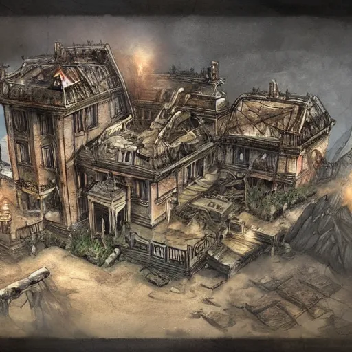 Prompt: collapsed mansion from explosion killing 4 0 men women and children, dungeons and dragons, concept art, highly detailed art