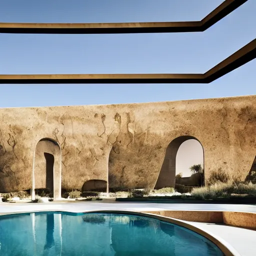 Image similar to brutalism hotel in the desert, biophilia mood, pool, garden, highly detailed, cinematic, photorealistic,