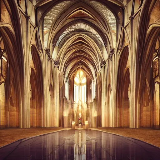 Prompt: a cathedral for the god of symmetry, floor mirroring, inside view, giant hall, floor is a mirror, highly detailed, colorful photorealistic Octane render, dramatic