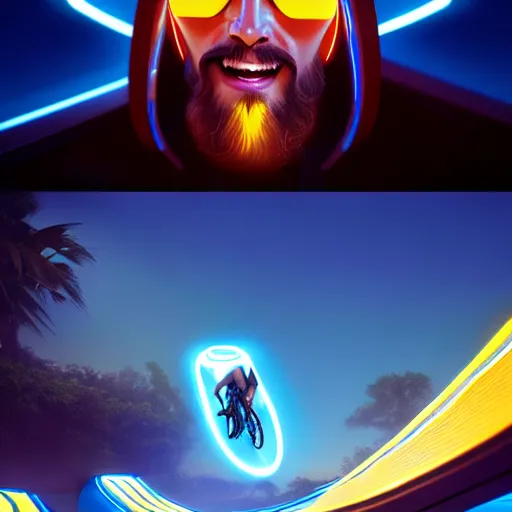 Image similar to tron legacy jesus riding waterslide, face closeup, laughing, diffuse lighting, hyper realistic, concept art, intricate, hyper detailed, smooth, sharp focus, illustration, trending on artstation, art by greg rutkowski and james gurney and alphonse mucha